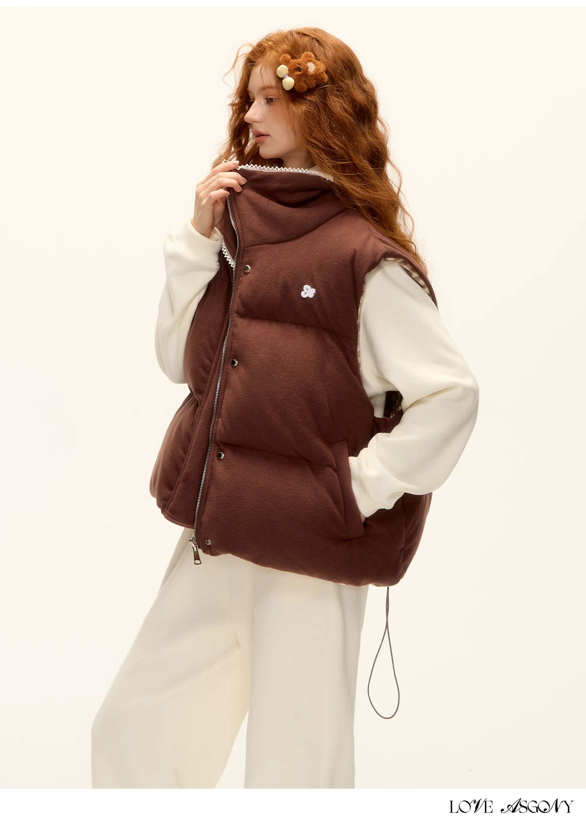 ASGONY - Reversible Plaid Lace-Trim Quilted Vest (Brown / Gray)