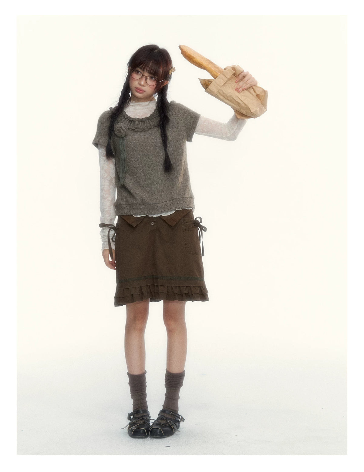 “Everyday Mist” Jacquard Lace Layering Top ( Ivory / Fog Gray )