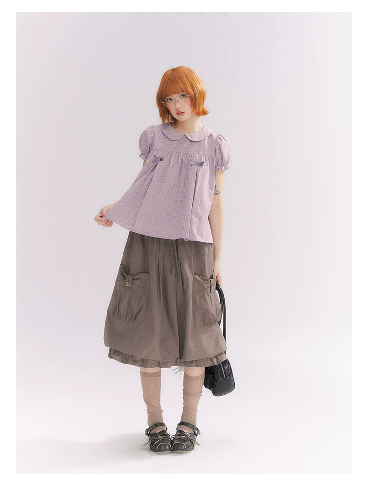 “Taro Milk Candy” Purple Plaid Bow Peter Pan Collar Puff Sleeve Blouse