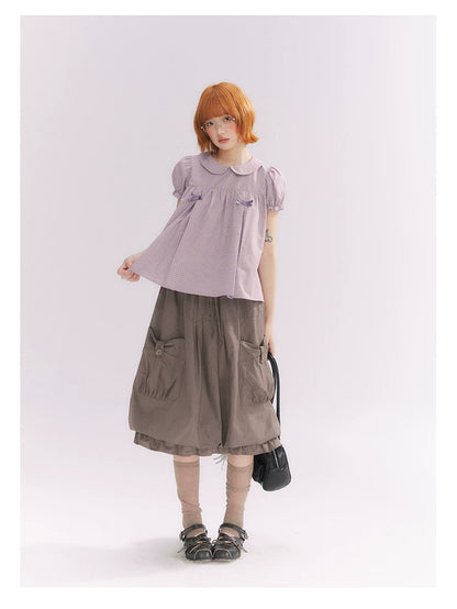 “Taro Milk Candy” Purple Plaid Bow Peter Pan Collar Puff Sleeve Blouse