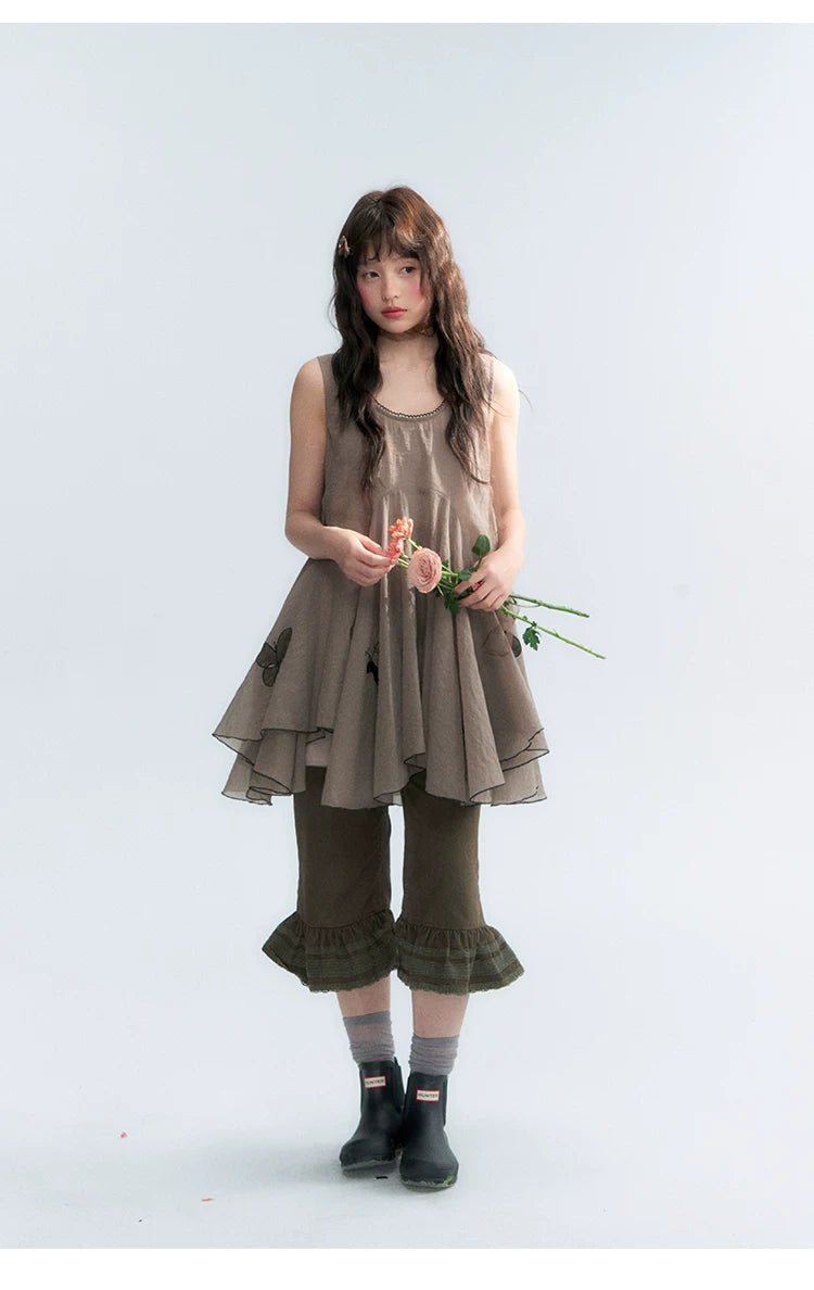 "Forest Cocoa" Dark Coffee Green Flare Capri Pants