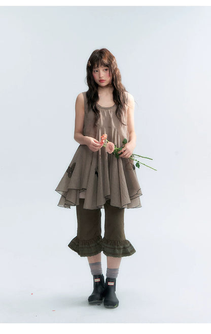"Forest Cocoa" Dark Coffee Green Flare Capri Pants