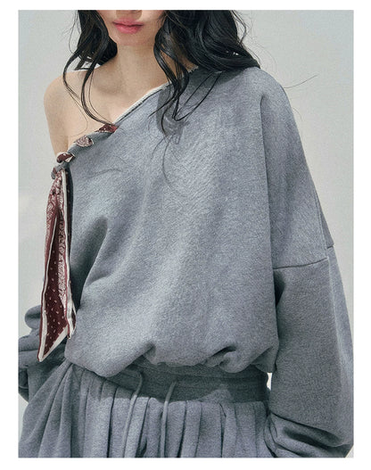 “The Wind Blushes” Lace Trim Off-Shoulder Sweatshirt Dress