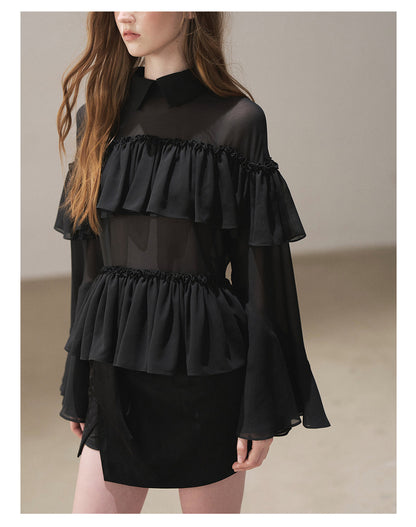 170726 "Veiled in the Evening Mist" Tranquil Black Ruffle Blouse
