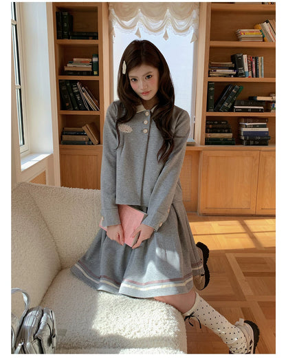 “Misty Academy Reverie” Light Grey Cropped Top & Bubble Mini Skirt