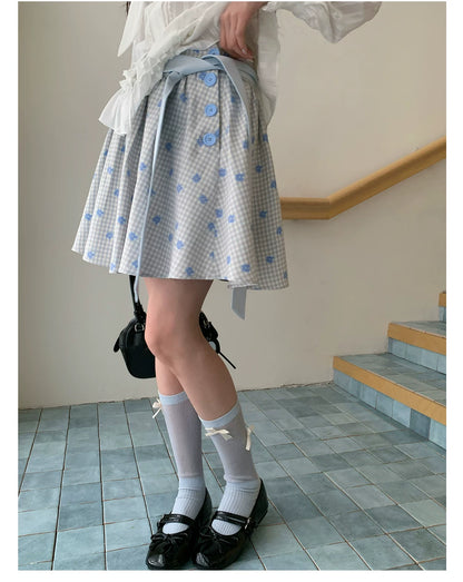 “Bluebell Letter” Light Blue Plaid Blazer Top & Ribbon Skirt