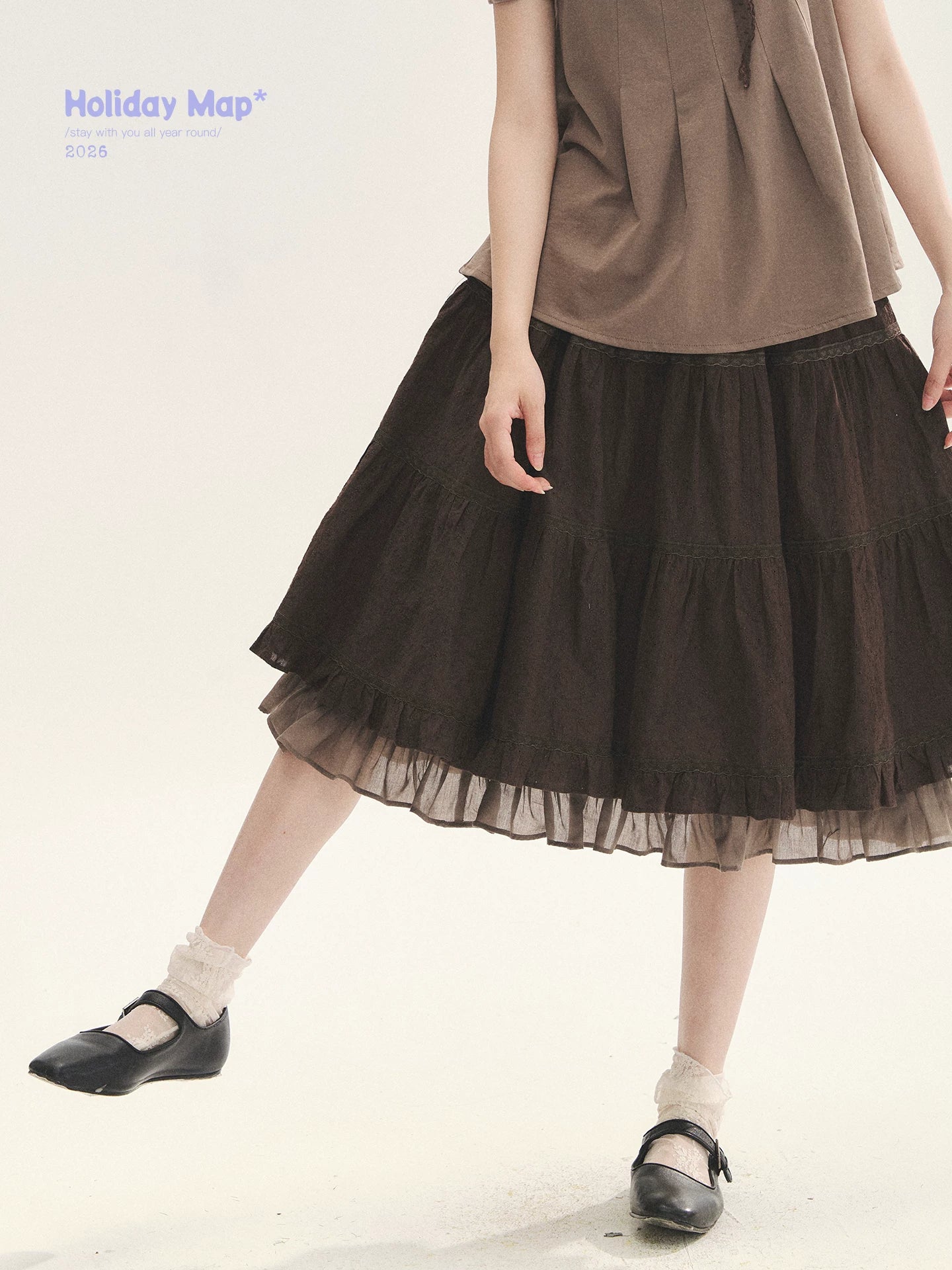 "Faded Bloom" Deep Brown Red Lace Trim Tiered A-Line Skirt