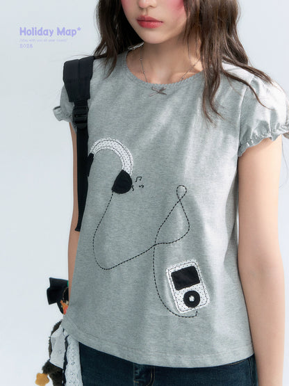 "Walkman Days" Retro Appliqué Puff Sleeve Tee