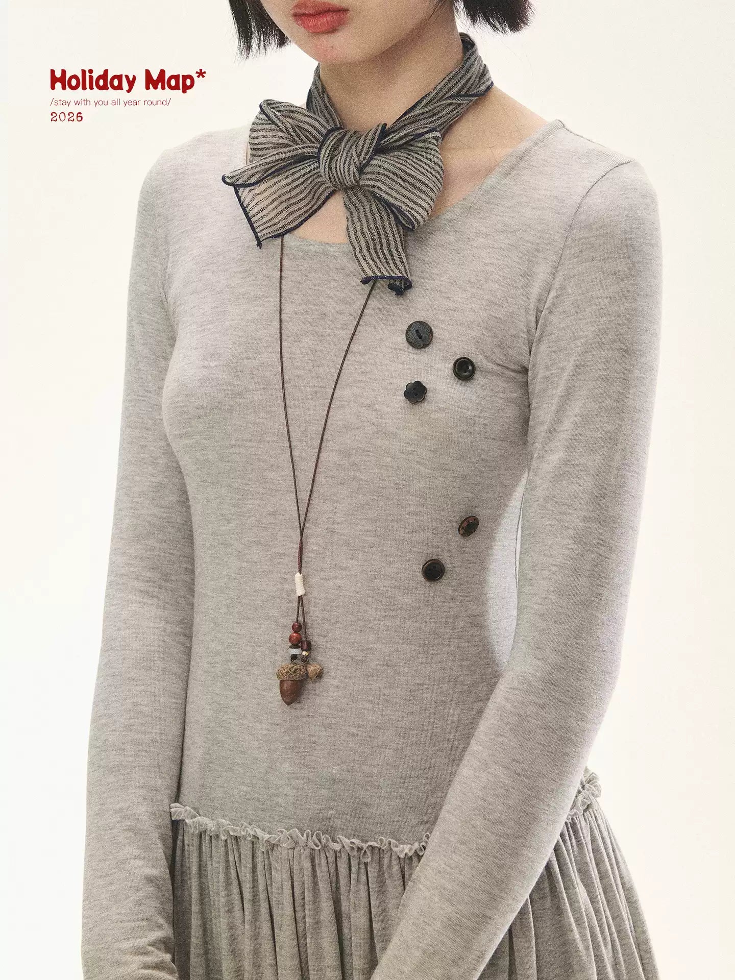 "Spring Memoir" TENCEL™ Wool Pleated Knit Midi Dress (Oat Gray/ Butter Cream)