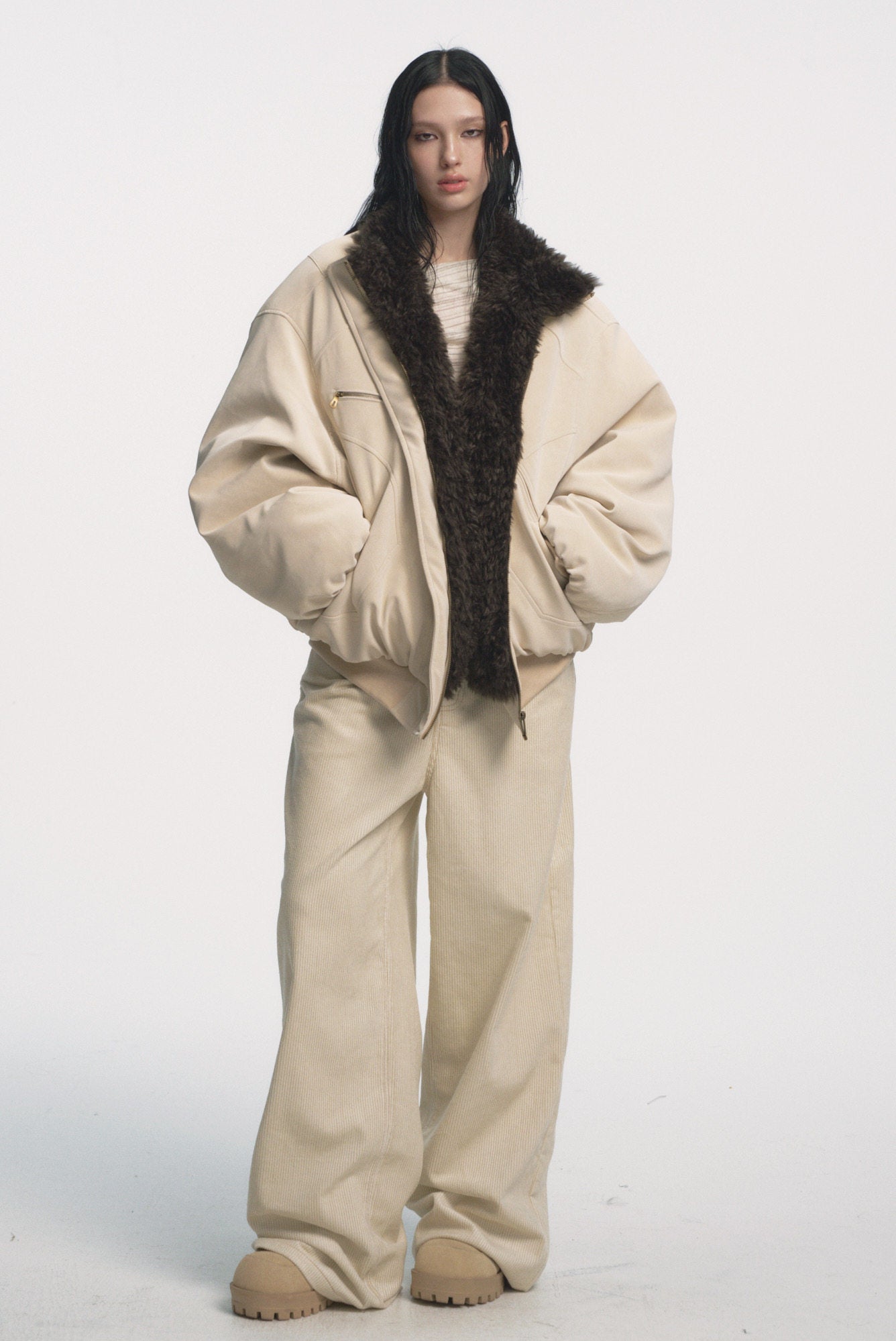 Muirgen - Ivory Reversible Faux Suede Shearling Jacket