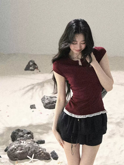 "Letter from the Tides" Burgundy Red Faux Two-Piece Lace Waist-Fit Crop Top 452436
