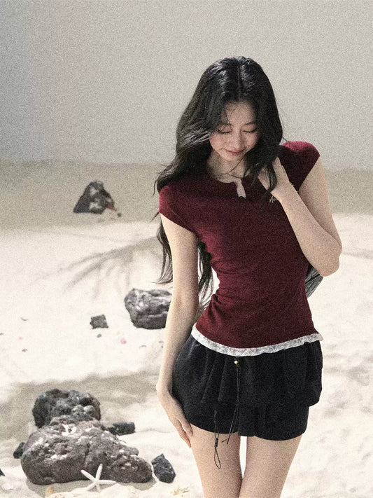 "Letter from the Tides" Burgundy Red Faux Two-Piece Lace Waist-Fit Crop Top 452436