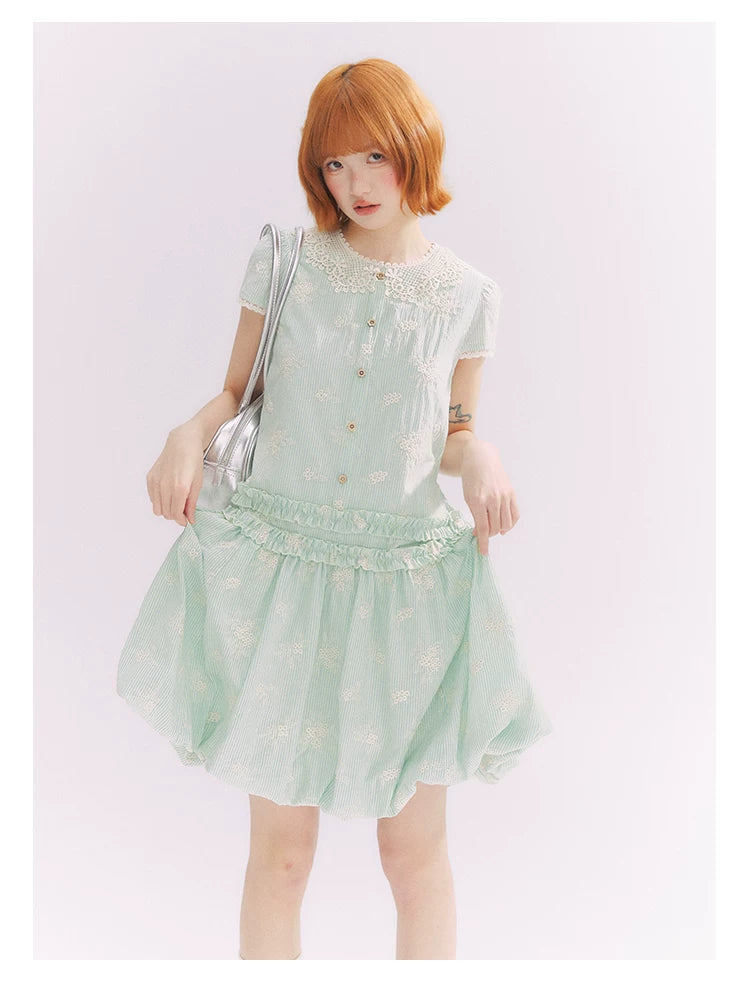 “Mint Lime” Green Stripe Lace Babydoll Dress
