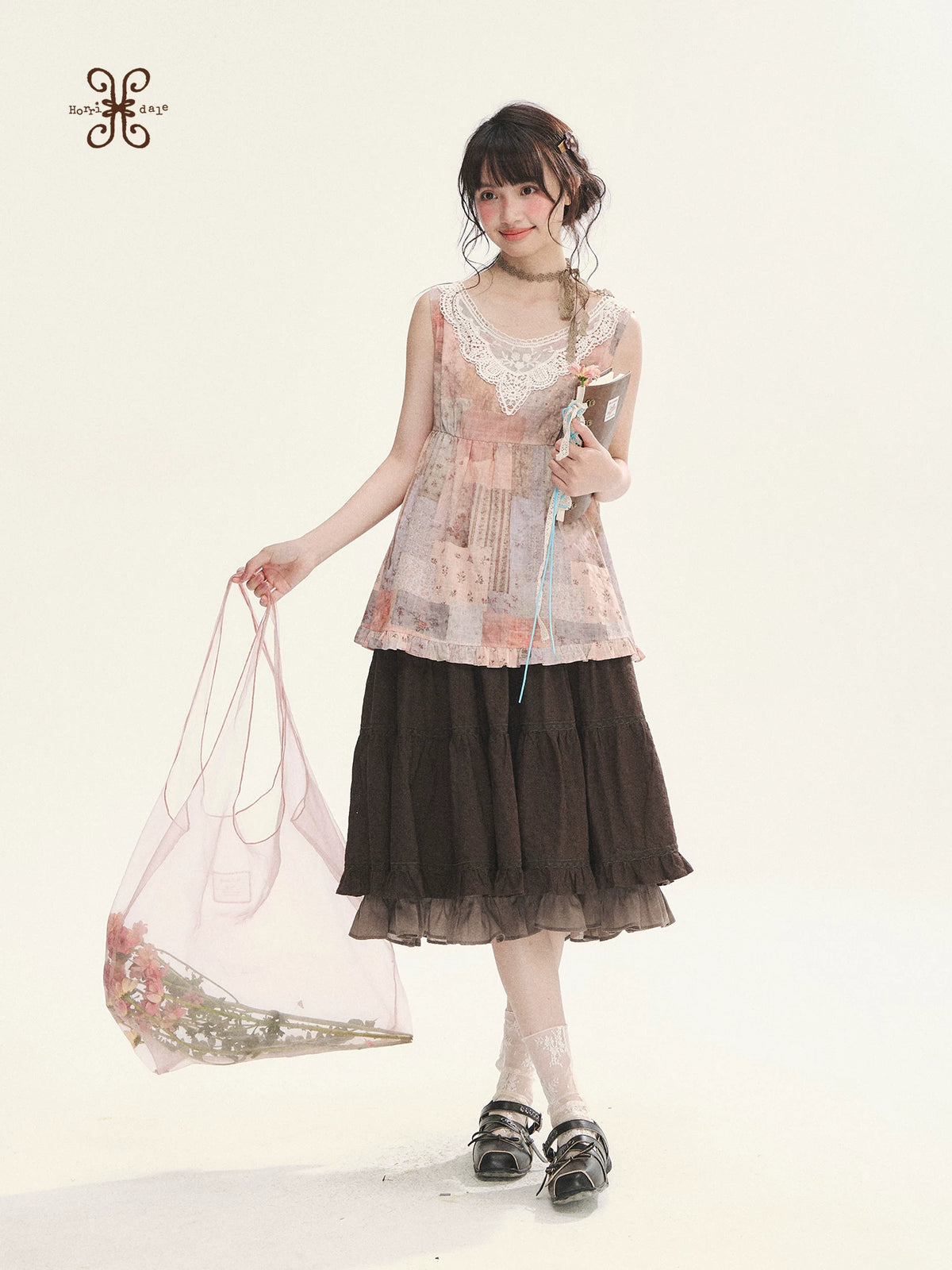 "Fragments of Time" Pink Brown Patchwork Lace Ruffle Trim Sleeveless Top