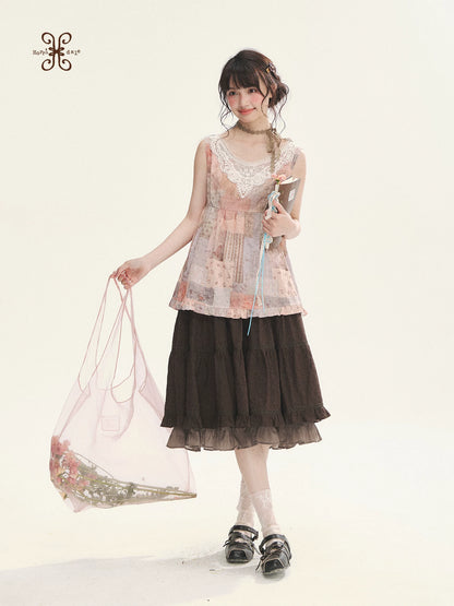 "Fragments of Time" Pink Brown Patchwork Lace Ruffle Trim Sleeveless Top