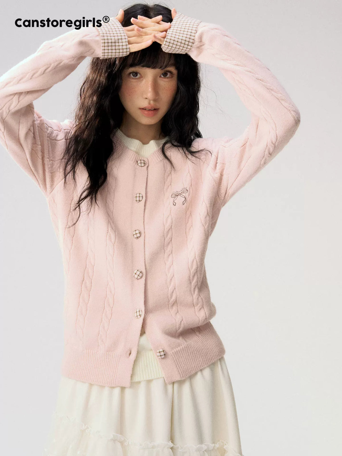 [CAN] "Autumn Letter" Bow Embroidered Faux-Layered Cable Knit Cardigan (Pink & White / Sage Green & Brown)