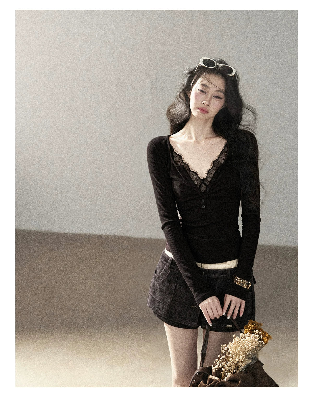 AOMALM - Black Faux Two-Piece V-Neck Lace Long-Sleeve Top