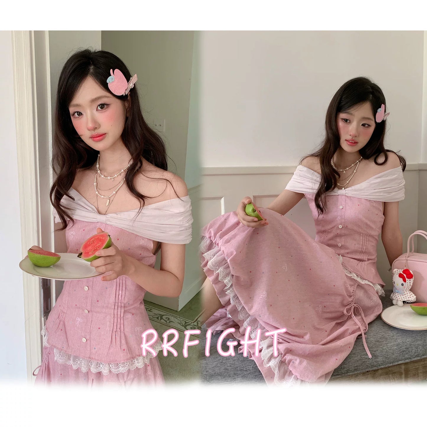 “Peach Mist Starlit Meadow” Pink Off-Shoulder Skirt Set
