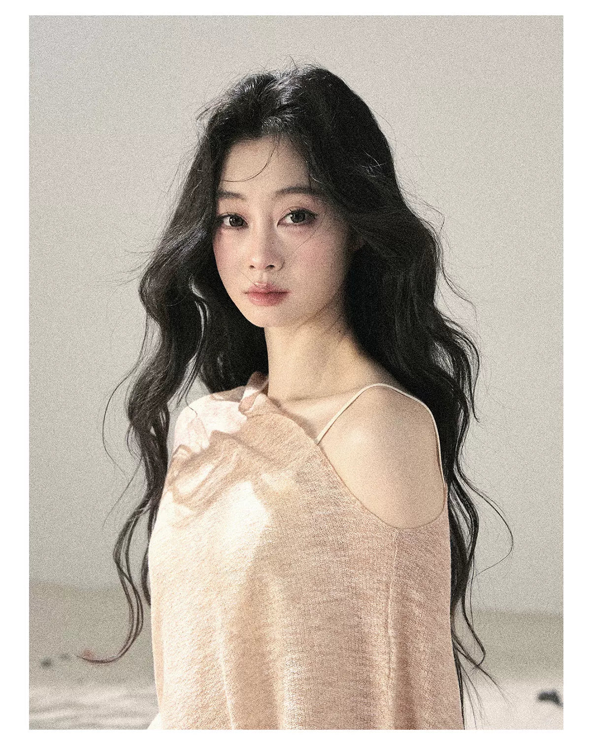 "Misty Veil Whisper" Blush Nude Pink Off-Shoulder Sheer Sun Protection Top 5345634