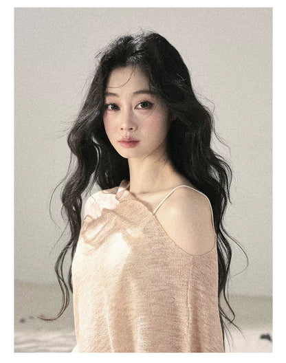 "Misty Veil Whisper" Blush Nude Pink Off-Shoulder Sheer Sun Protection Top 5345634