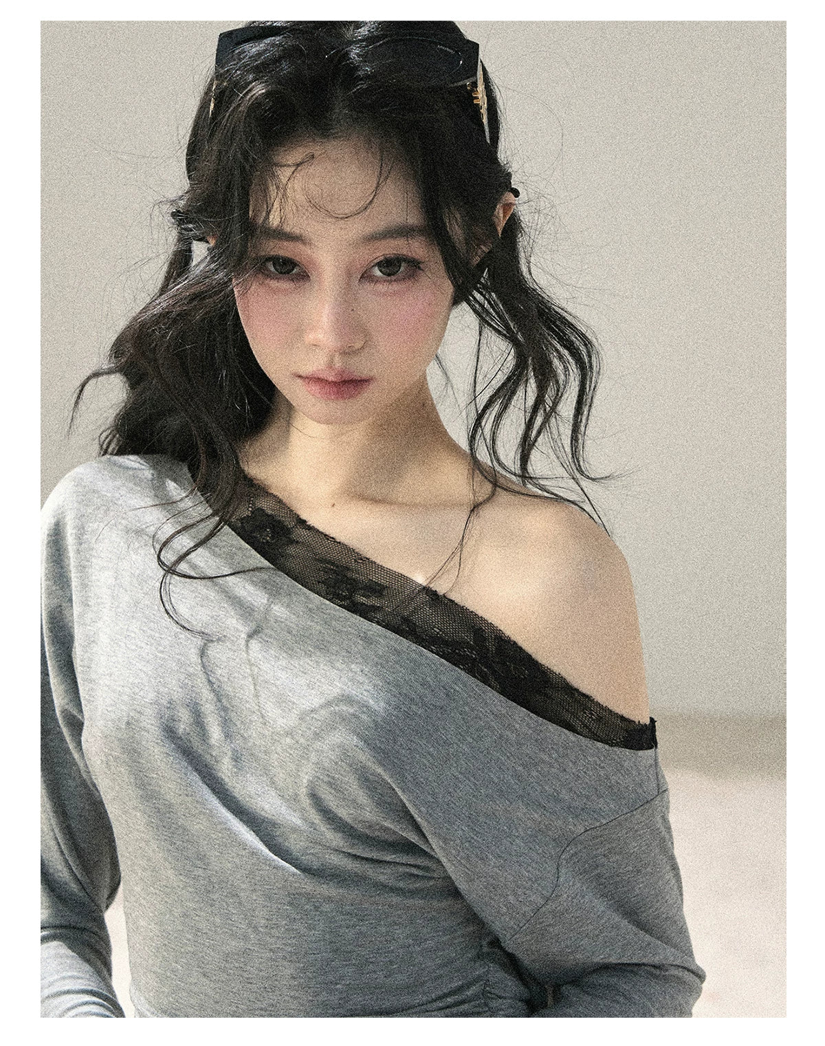 "Free Spirit" Moon Mist Gray Faux-Layer One-Shoulder Lace Top