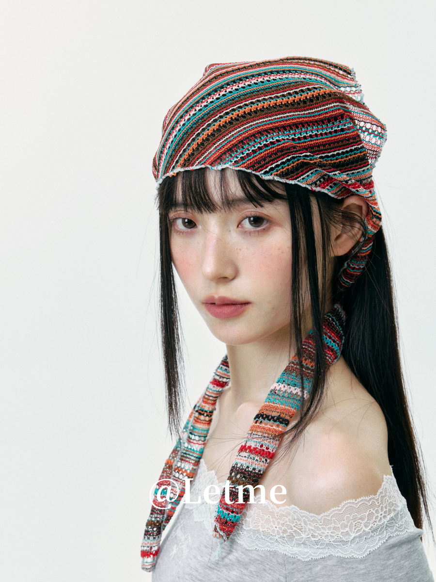 Bohemian Striped Knit Headscarf – Lightweight Openwork Triangle Bandana