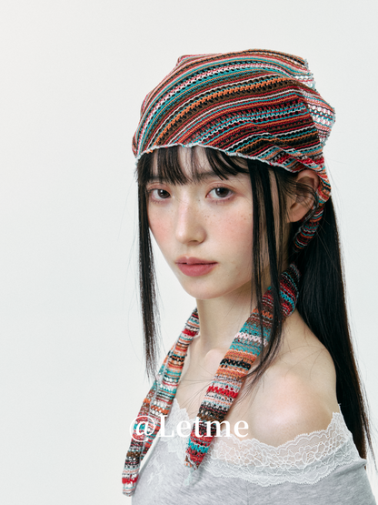 Bohemian Striped Knit Headscarf – Lightweight Openwork Triangle Bandana