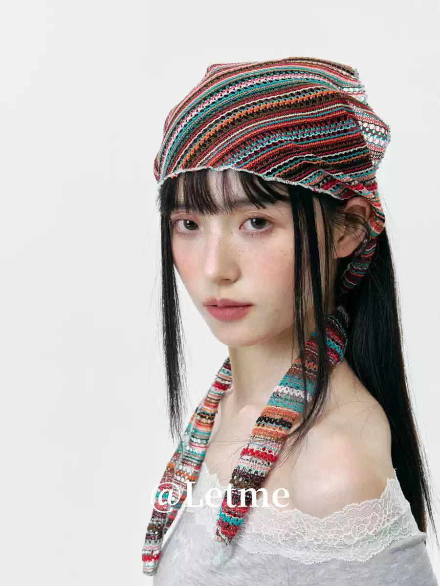 Bohemian Striped Knit Headscarf – Lightweight Openwork Triangle Bandana