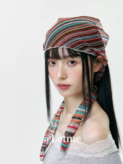 Bohemian Striped Knit Headscarf – Lightweight Openwork Triangle Bandana