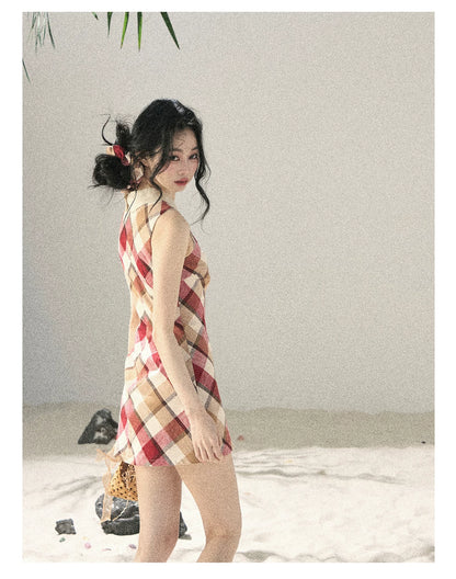 "Sunset by the Shore" Vintage Red Plaid Polo Mini Dress 358648564