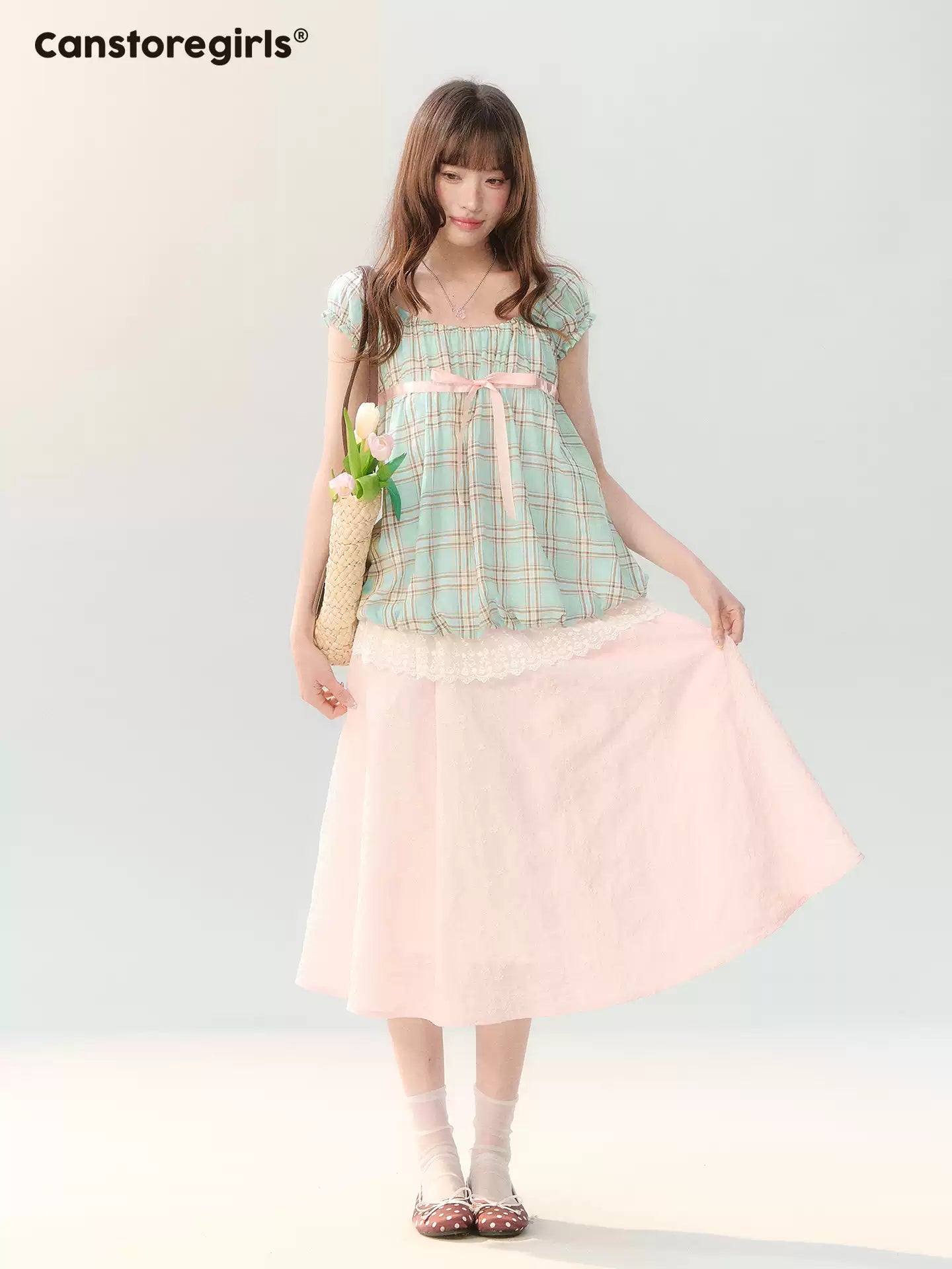 "Mint Peach Whisper" Mint Green Plaid Embroidered Skirt Set LL2026196