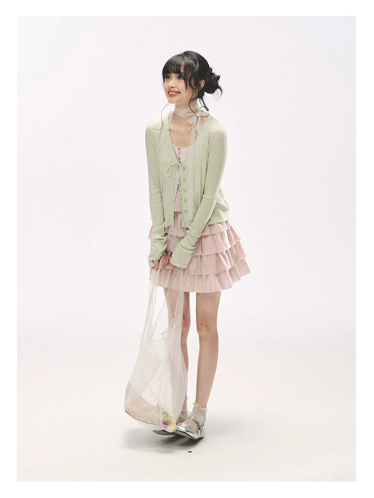 "Misty Pink Reverie" Petal Pink Lace Tie Tiered Sleeveless Dress