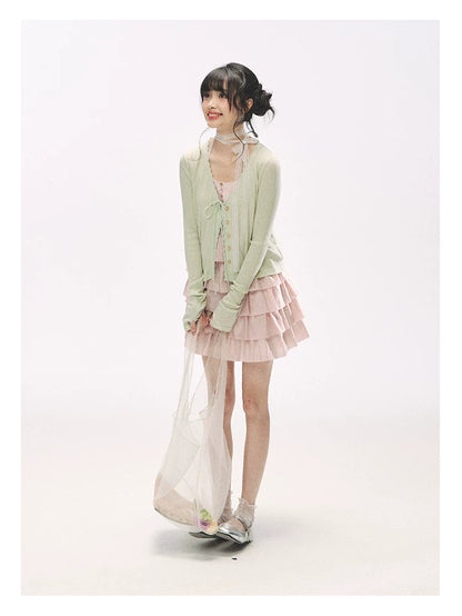 "Misty Pink Reverie" Petal Pink Lace Tie Tiered Sleeveless Dress