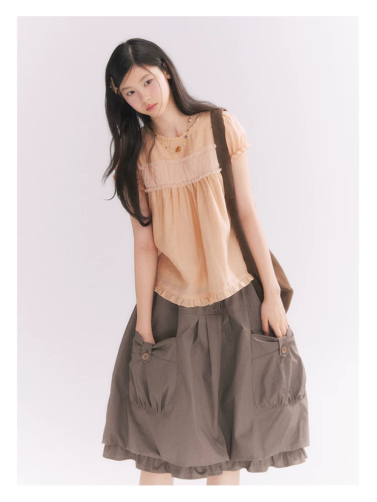 “Orange Soda” Seashell Orange Mesh Panel Puff Sleeve Top