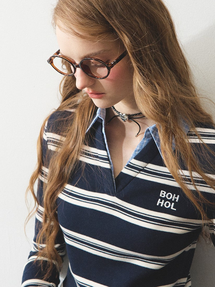 "路过书店" Miu-Inspired Contrast Stripe Faux-Layered Knit Top