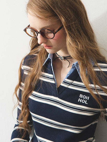 "路过书店" Miu-Inspired Contrast Stripe Faux-Layered Knit Top