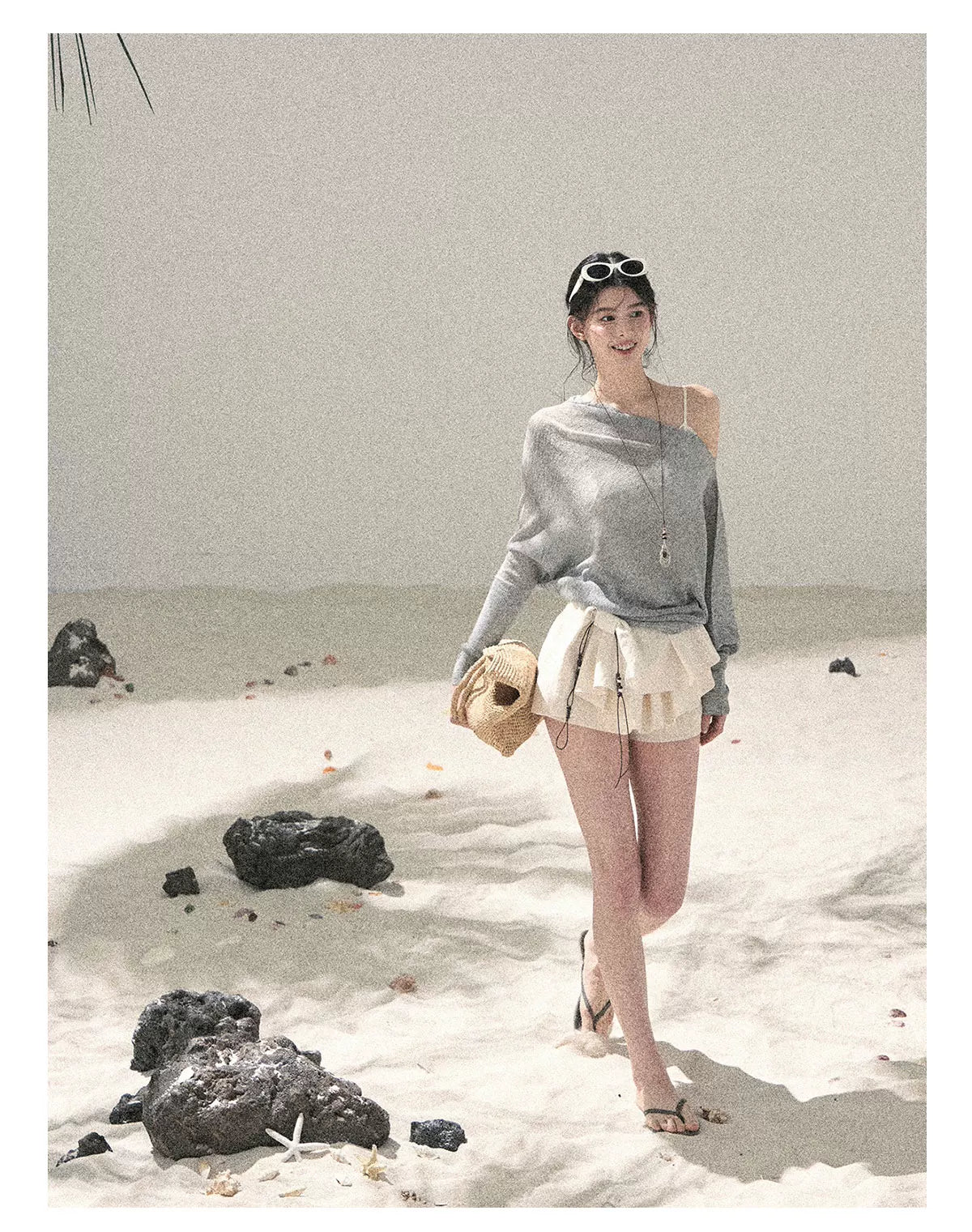 "Misty Veil Whisper" Cloud Trail Gray Off-Shoulder Sheer Sun Protection Top 5345634