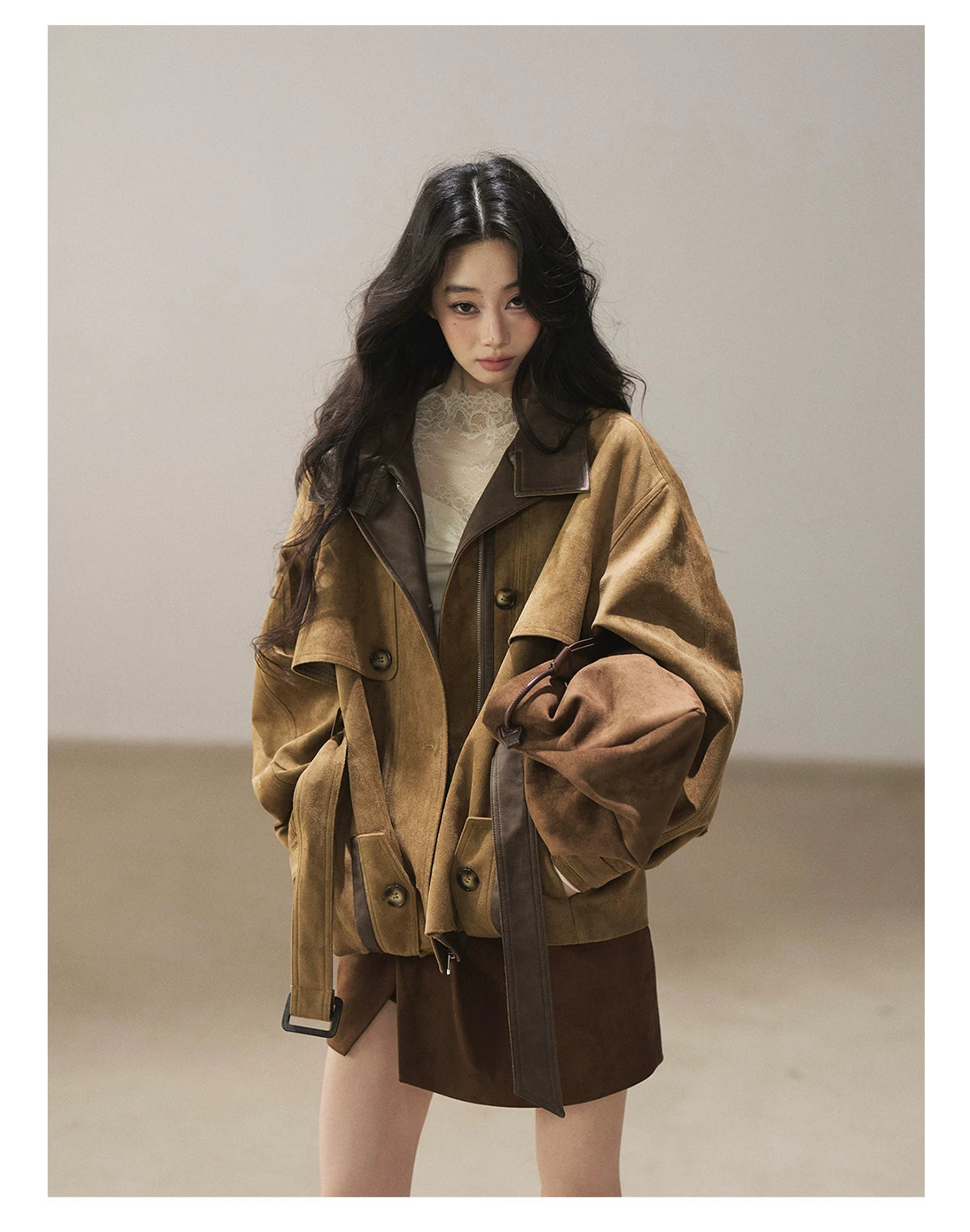 AOMALM - Chestnut Brown Faux-Suede Cropped Utility Coat with Belt