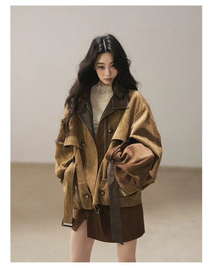 AOMALM - Chestnut Brown Faux-Suede Cropped Utility Coat with Belt