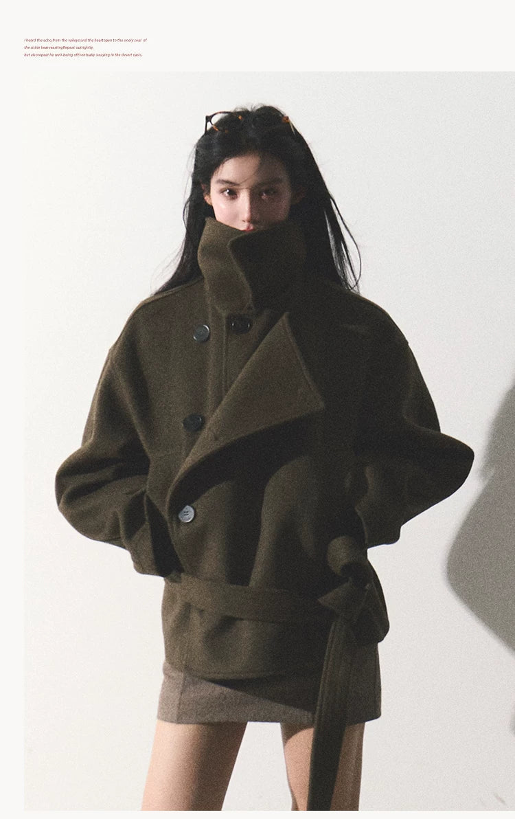 OAKMOO/ "The Flowers Are in Full Bloom" Jade Green Wool-Blend Short Belted Coat