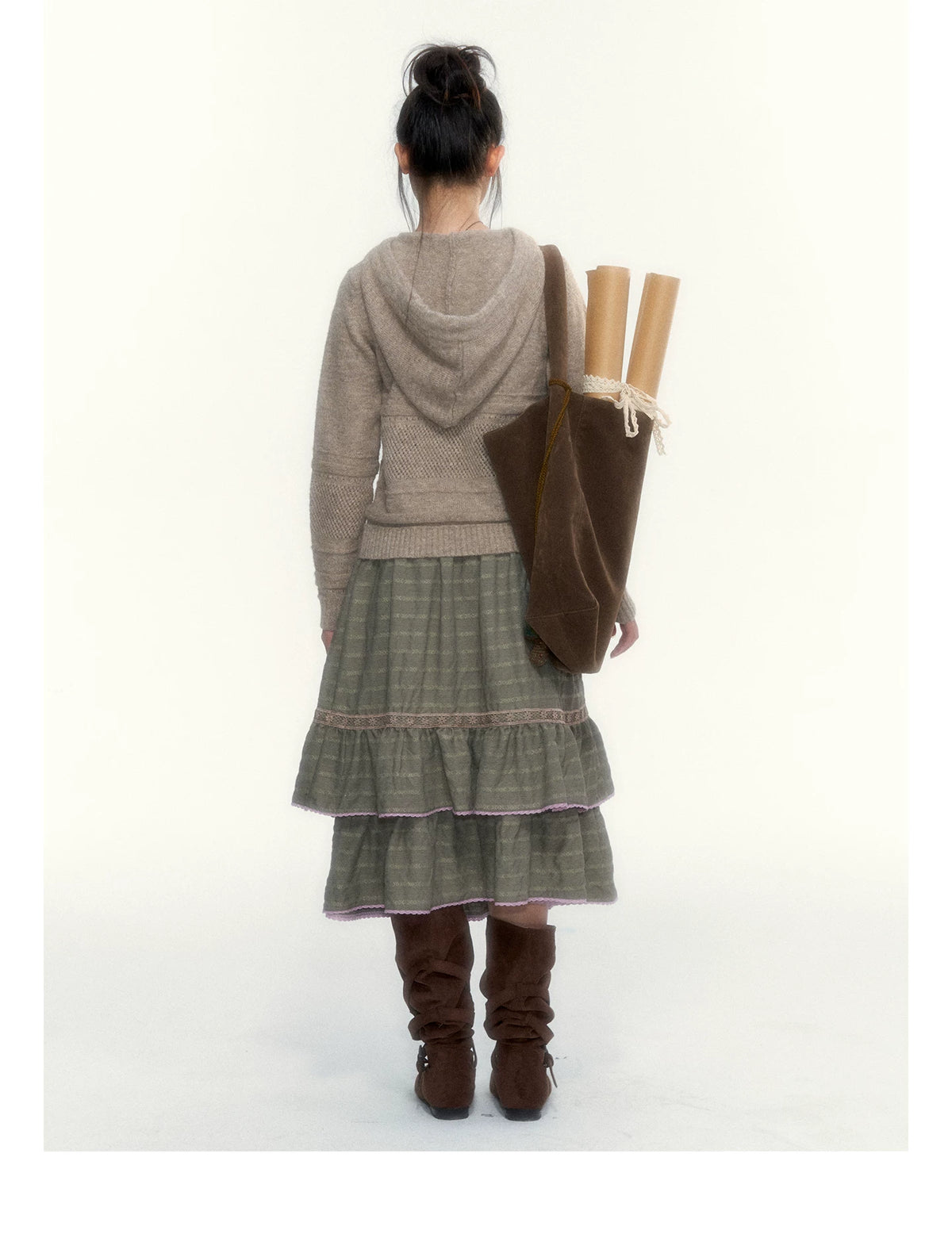 Oatmeal Ribbed-Hem Hooded Knit Sweater