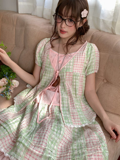 [RF] “Green Grape Picnic” Pastel Plaid Two-Piece Skirt Set