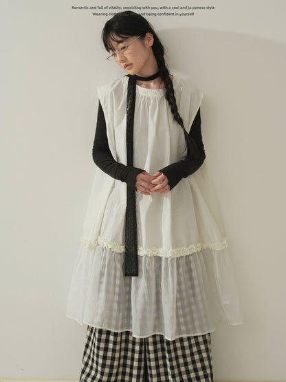 "Floating Veil" Mesh Panel Layering Maxi Dress (Black / White)