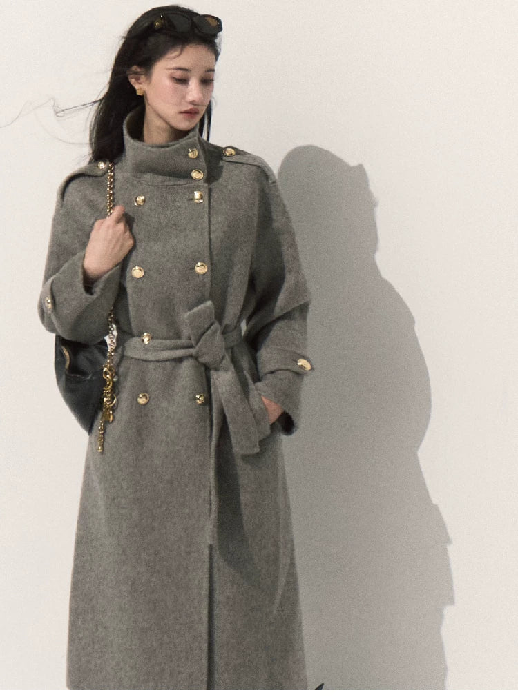 OAKMOO/ Pure Wool Belted Double-Faced Stand Collar Coat (Silver Blue / Flint Gray)
