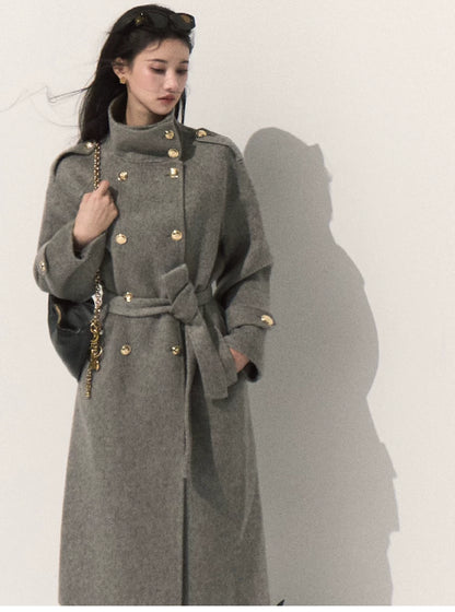 OAKMOO/ Pure Wool Belted Double-Faced Stand Collar Coat (Silver Blue / Flint Gray)