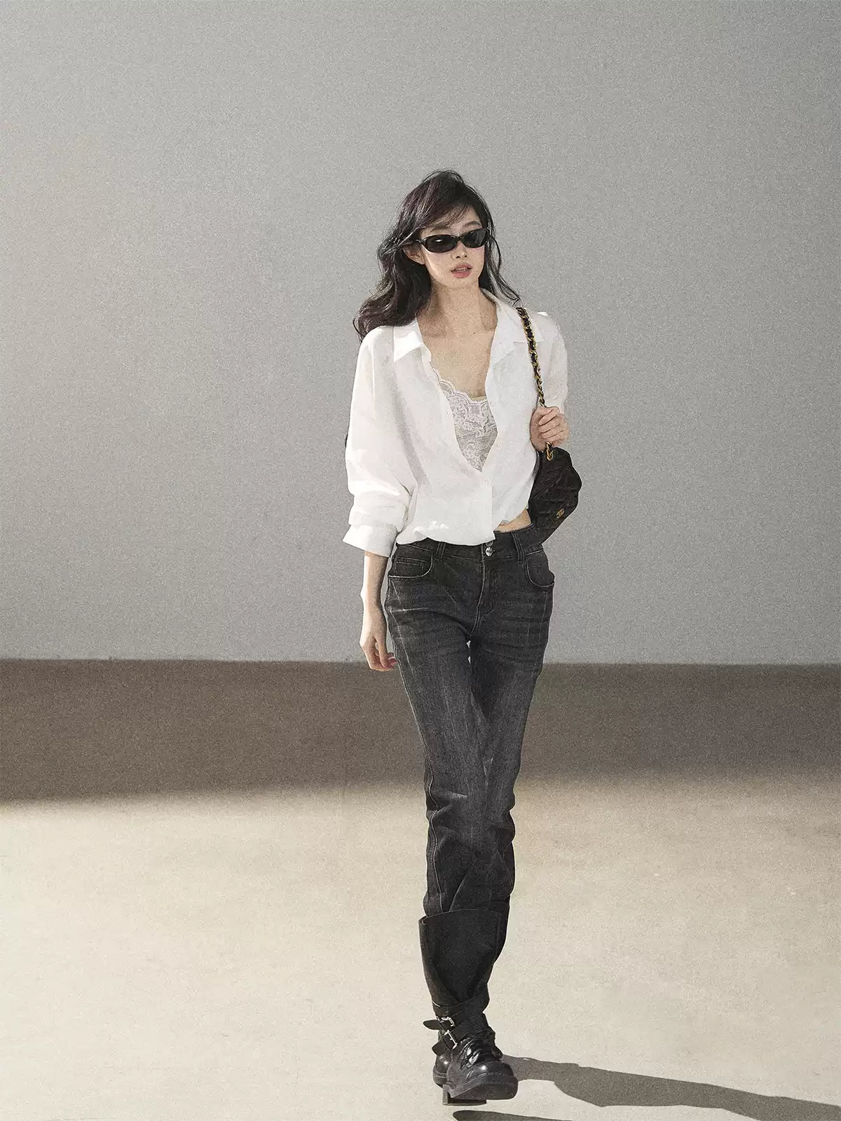 AOMALM - "Wandering Sunlight" Almond Beige Faux Two-Piece Lace Shirt Top