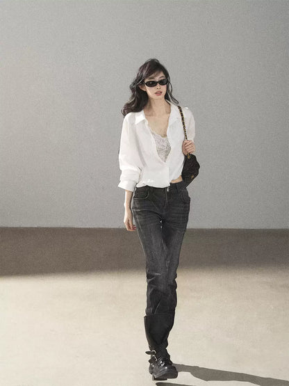 AOMALM - "Wandering Sunlight" Almond Beige Faux Two-Piece Lace Shirt Top