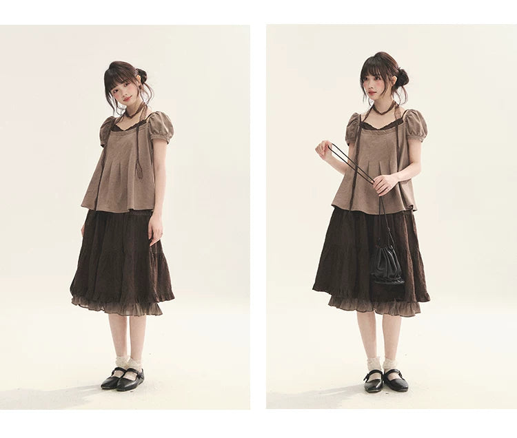 "Tea Brown Reverie" Tea Brown Off-Shoulder Puff Sleeve Knit Top