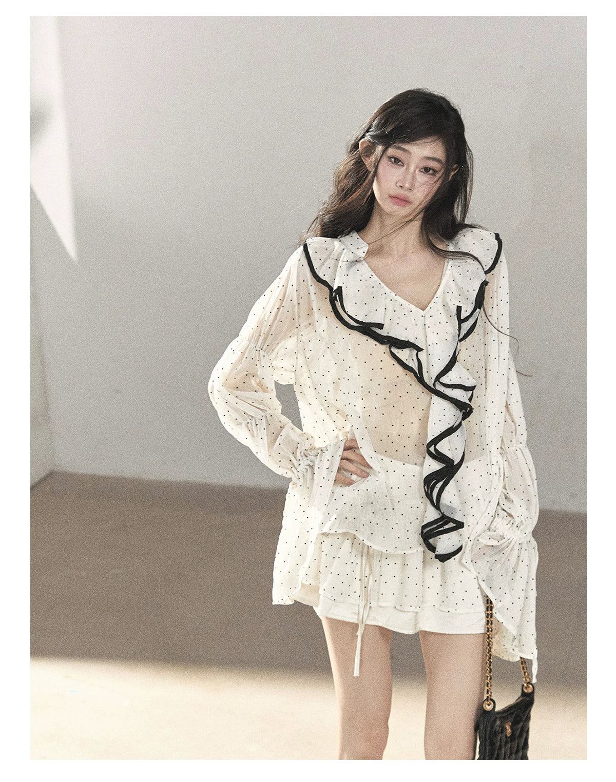 AOMALM - "Gossamer Moonlight" Pearl Shell Chiffon Top & Mini Skirt Set (With Tie & Flower)