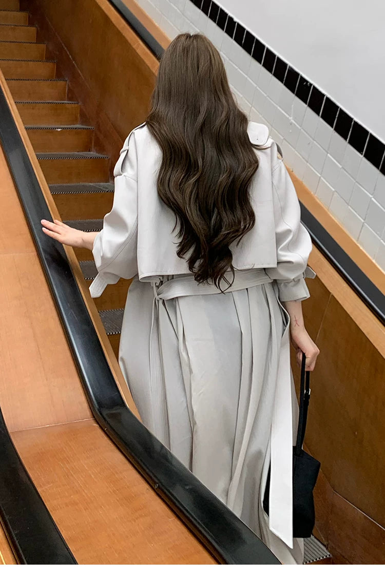 LaluneDuCiel - Beige Gray Double-Breasted Long Trench Coat